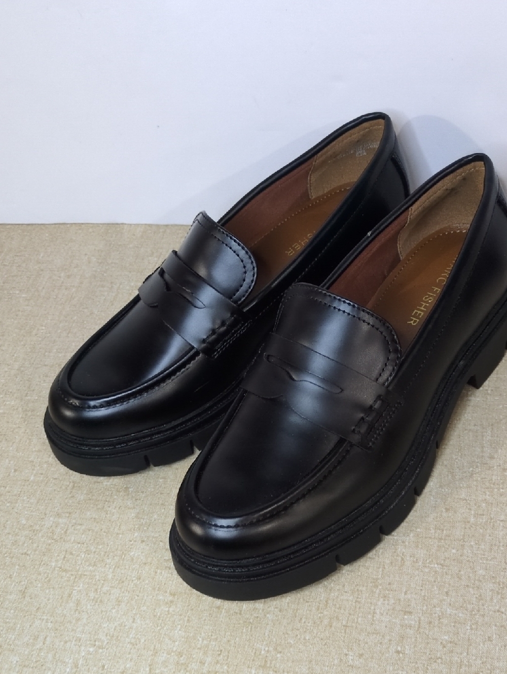 Marc Fisher Black Cube Lug Chunky Sole Penny Loafers W6M Wide Office Goth Punk